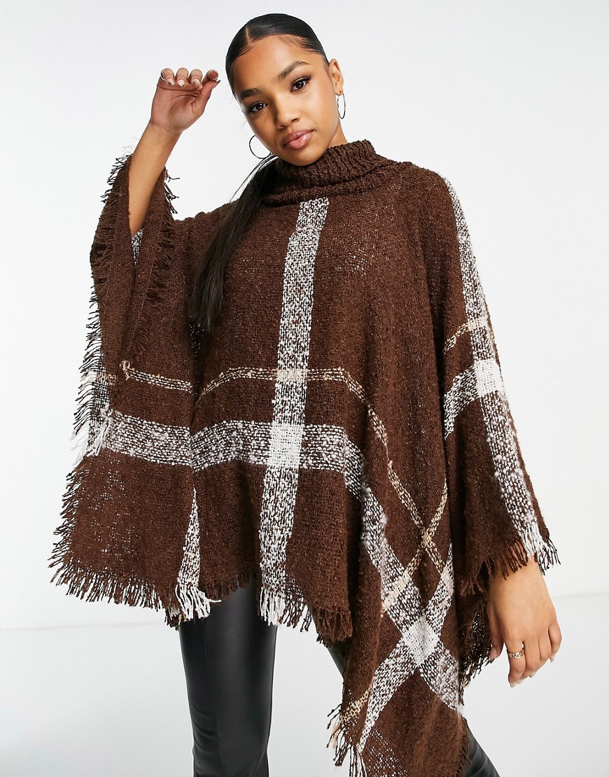 QED London check poncho in chocolate brown