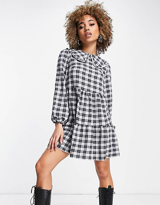 QED London collared mini smock dress in check
