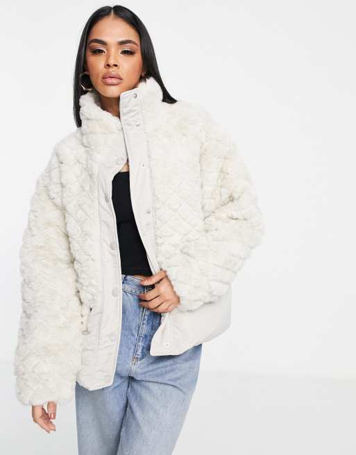 QED London contrast diamond stitch faux fur coat in stone | ASOS