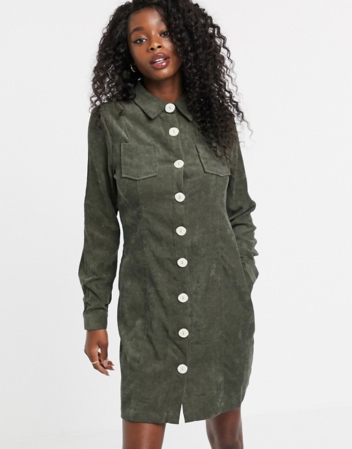 QED London cord button front shirt dress in khaki