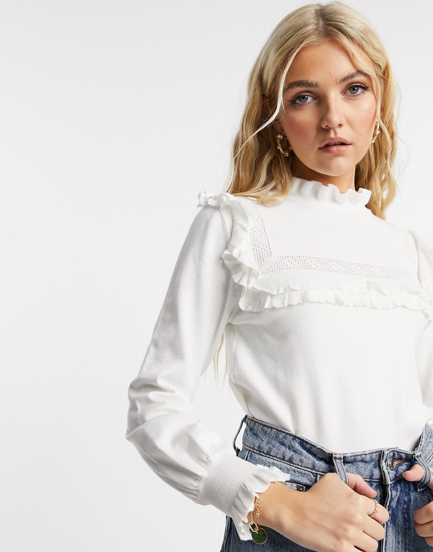 QED London crochet detail frill sweater in white