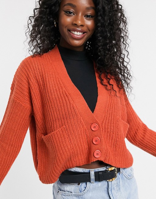 QED London cropped button through cardigan in rust
