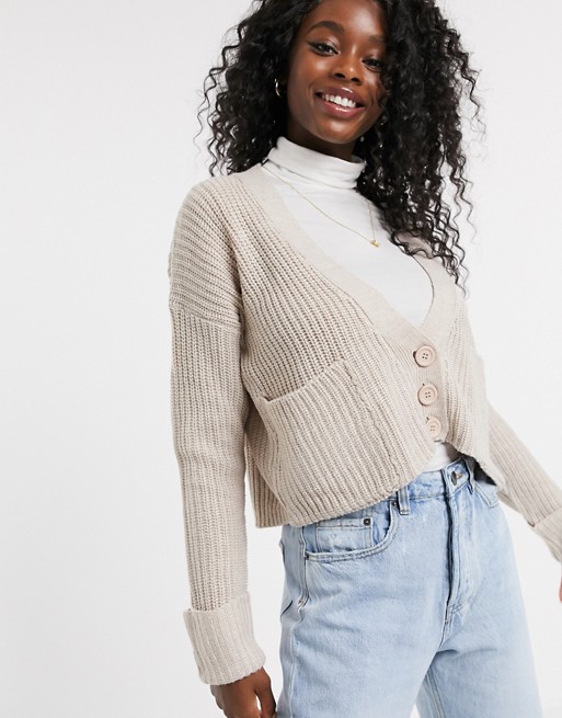 QED London cropped button through cardigan in taupe