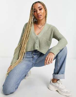 Qed London Cropped Cardigan In Sage Green ModeSens