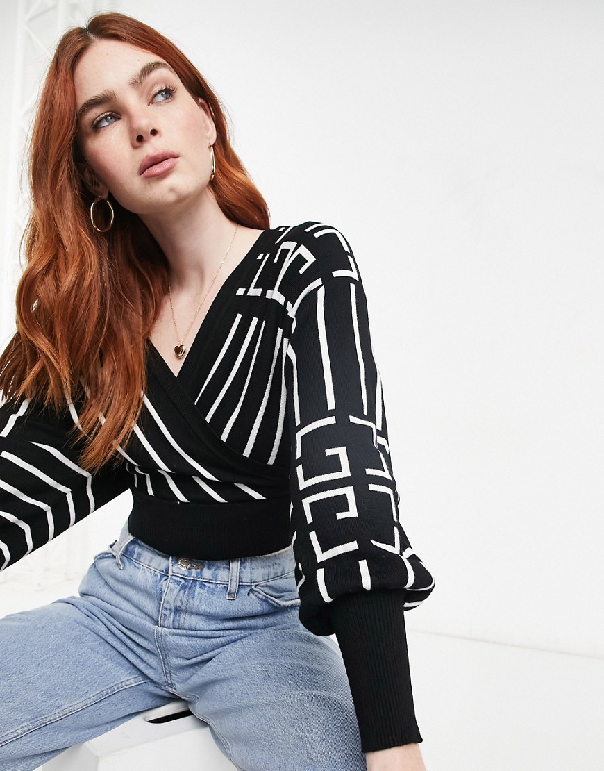 QED London cropped wrap front sweater in monochrome stripe-Black