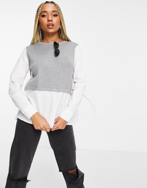 QED London - Débardeur 2 en 1 en maille à col V avec doublure chemise - Gris