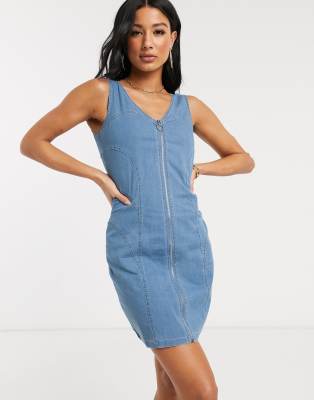 Qed London Denim Zip Through Dress In Midwash Blue Asos 