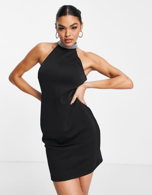 QED London diamante halter neck mini dress in black ASOS