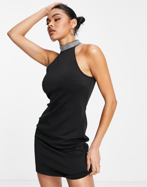 QED London diamante halter neck mini dress in black | ASOS