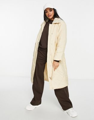 diamond quilt belted coat in stone-Neutral