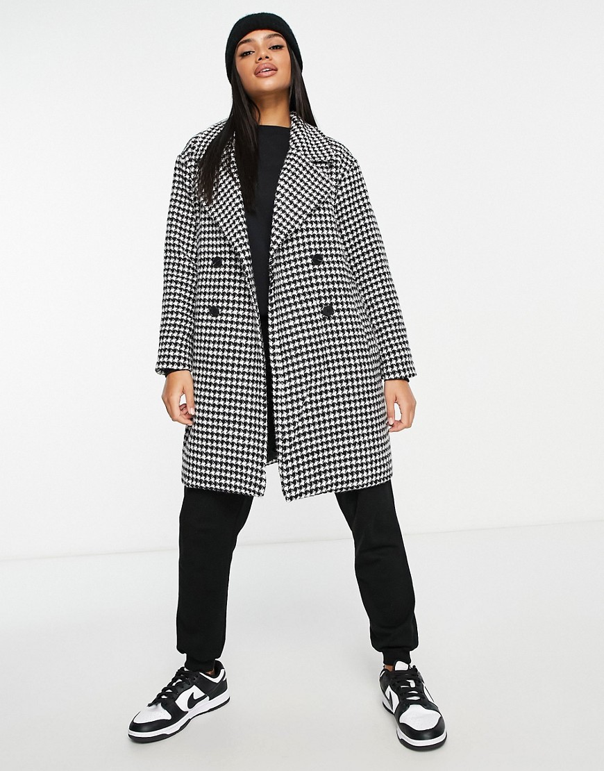 Qed London Double Breasted Coat In Houndstooth-Grey