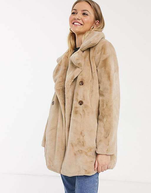 QED London double breasted faux fur coat in biscuit | ASOS