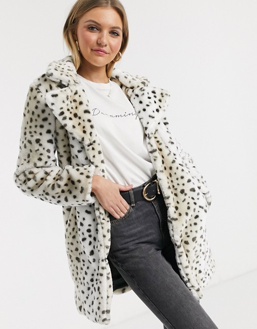 QED London double breasted faux fur coat in dalmation print