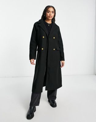 double breasted longline coat in black