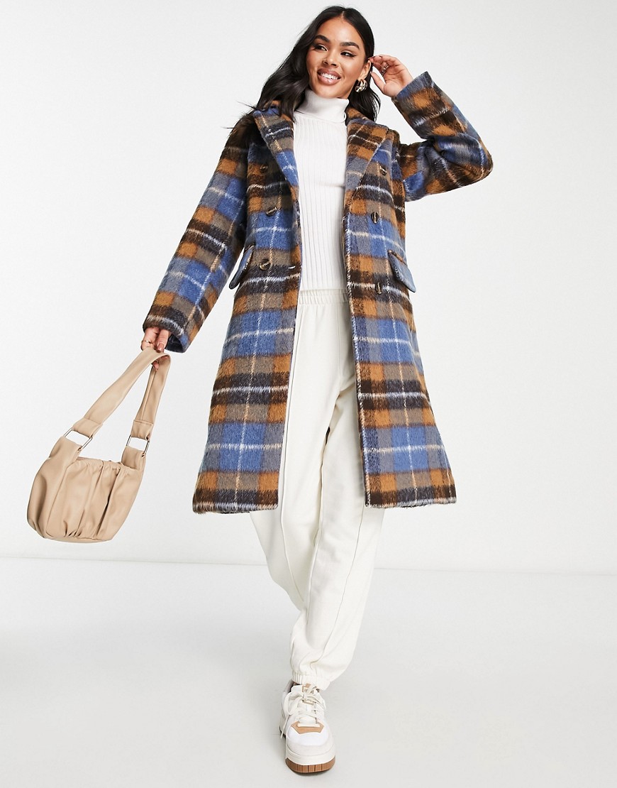 Qed London Double Breasted Longline Coat In Blue Check