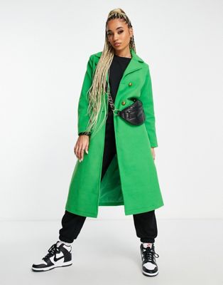 QED London double breasted longline coat in bright green