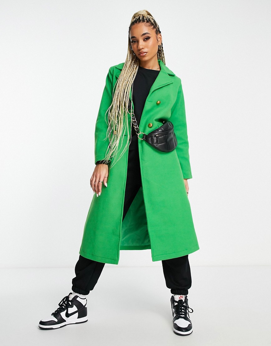 QED London double breasted longline coat in bright green