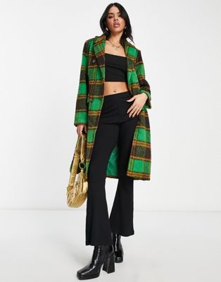 QED London double breasted longline coat in green check