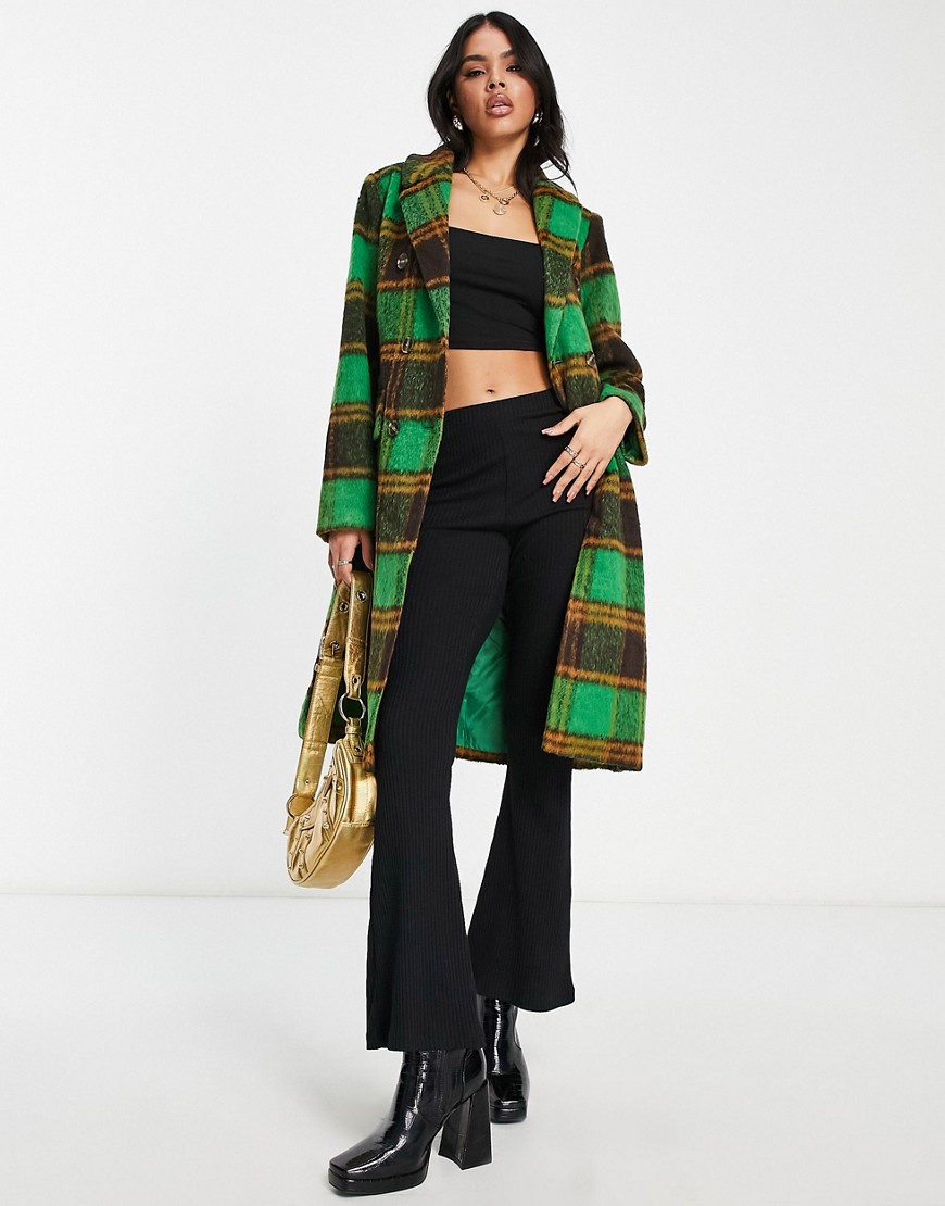 QED London double breasted longline coat in green plaid