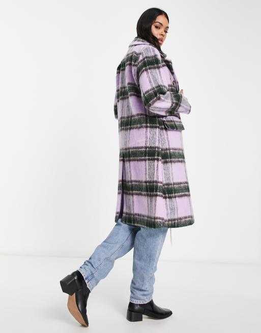 QED London double breasted longline coat in lilac check | ASOS