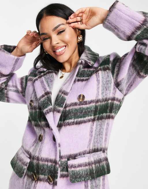 KITH Shawl Collar Becker Coat チェック コート 紫 QED London double breasted longline coat in lilac check | ASOS