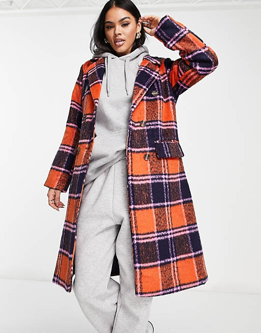 QED London double breasted longline coat in orange check