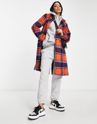 three quarter length checked coat