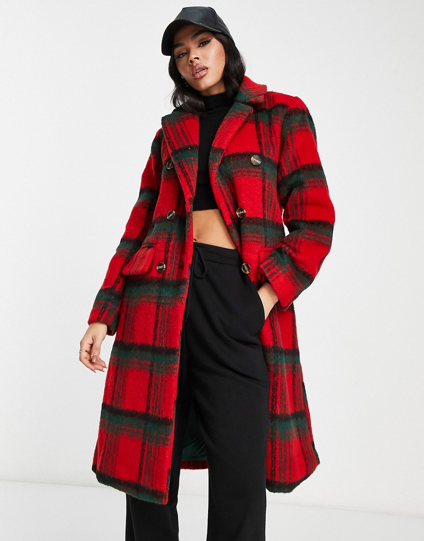 QED London double breasted longline coat in red check