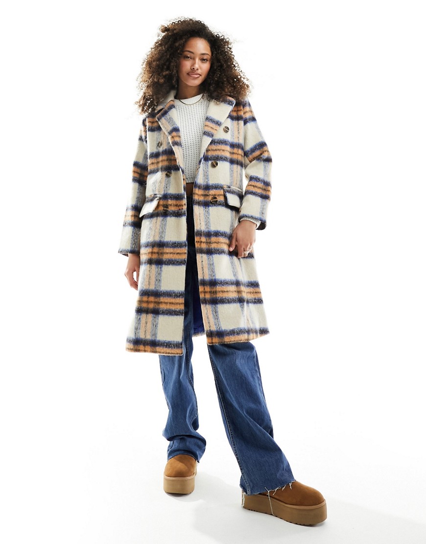 double breasted longline coat in white check-Multi