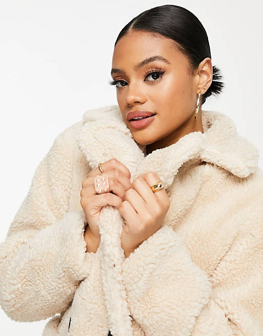 QED London double breasted teddy coat in cream | ASOS