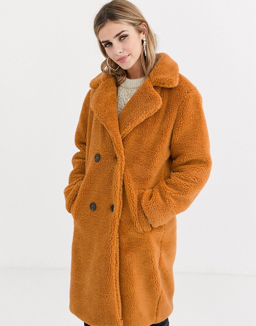 QED London double breasted teddy longline coat