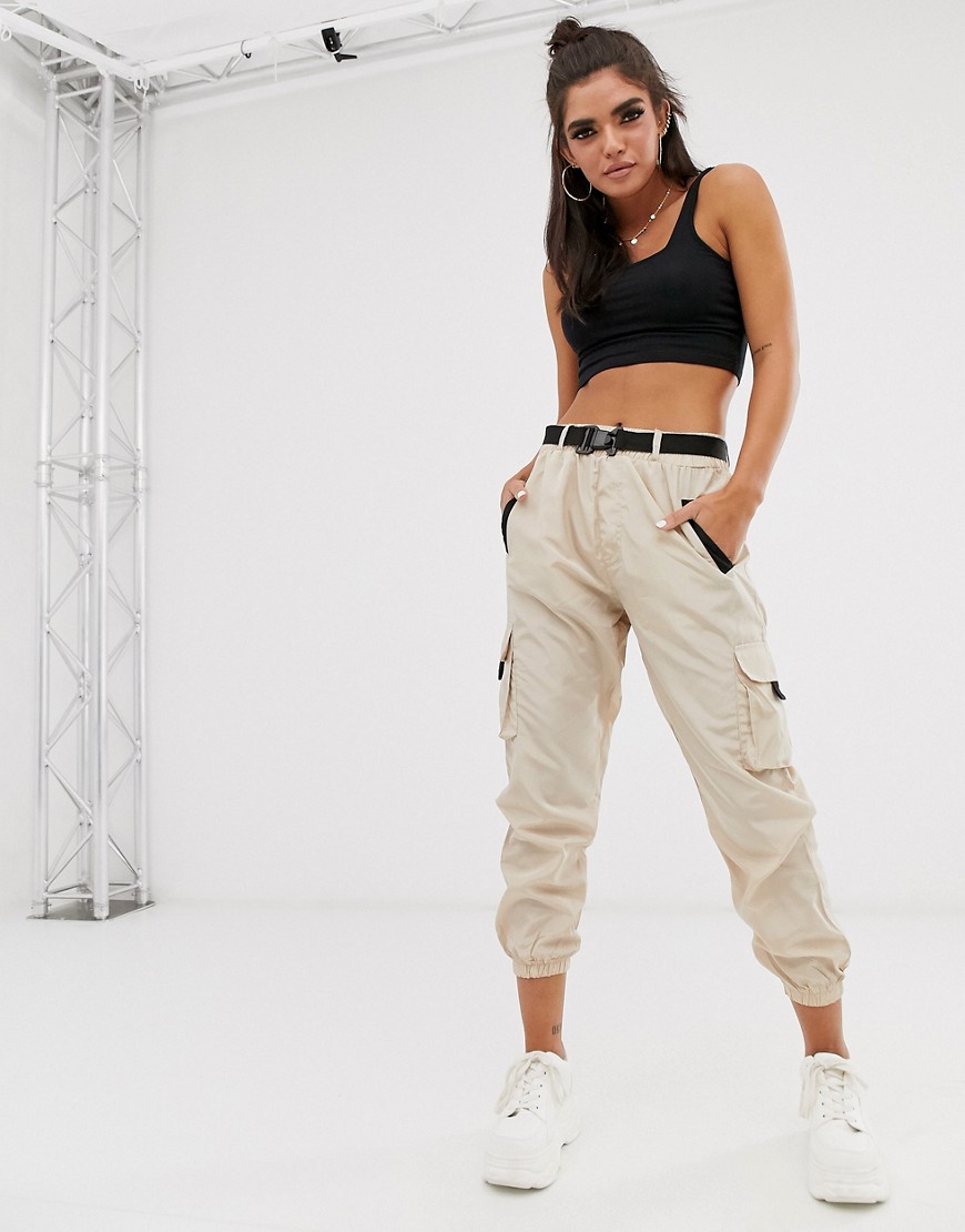 QED London elasticated cuff cargo trousers in stone