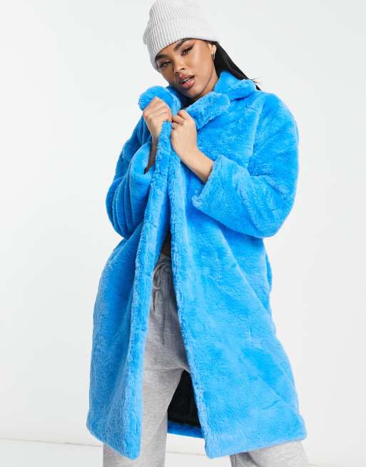 QED London faux fur coat in blue | ASOS