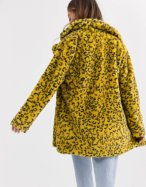 Qed London Faux Fur Coat In Bright, Qed London Leopard Faux Fur Coat