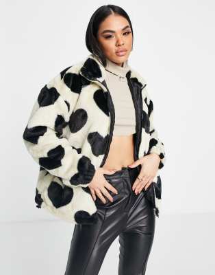 QED London faux fur coat in heart print