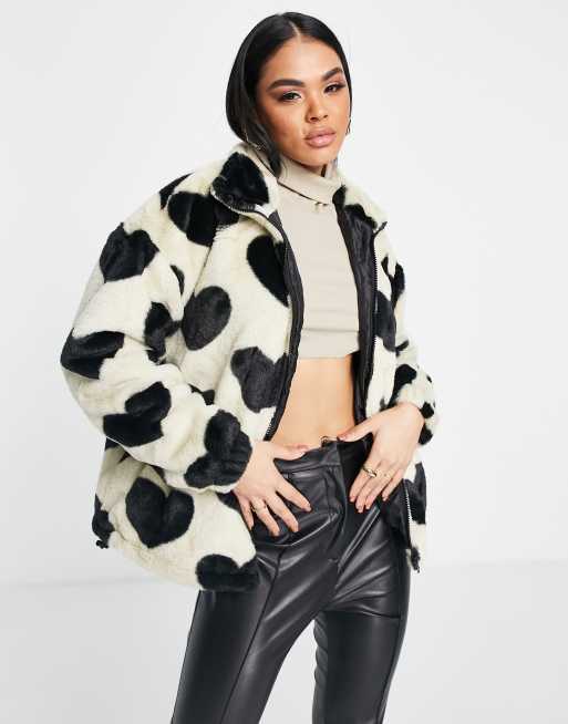 QED London faux fur coat in heart print | ASOS