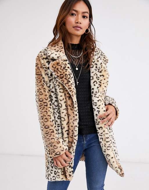 QED London faux fur coat in leopard print