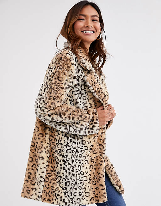 Qed London Faux Fur Coat In Leopard, Qed London Leopard Faux Fur Coat