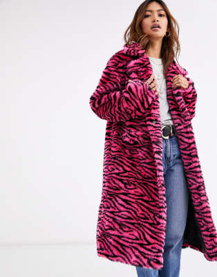 QED London faux fur coat in pink tiger print ASOS