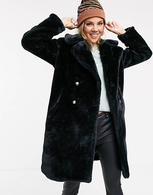 QED London faux fur midi coat with double button detail | ASOS