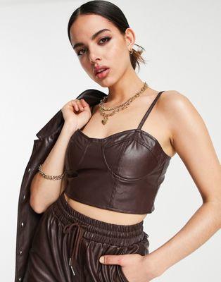 QED London faux leather bralet co-ord in chocolate brown
