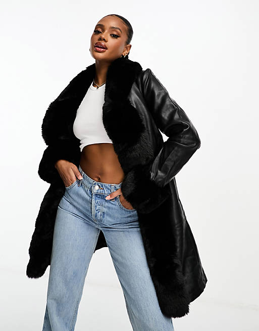 QED London faux leather coat with extreme faux fur collar in black | ASOS