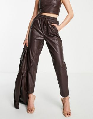 QED London faux leather joggers co-ord in chocolate brown