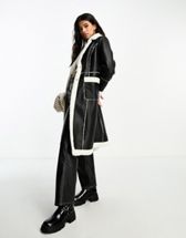 Threadbare Lois longline aviator coat with borg trims in stone | ASOS
