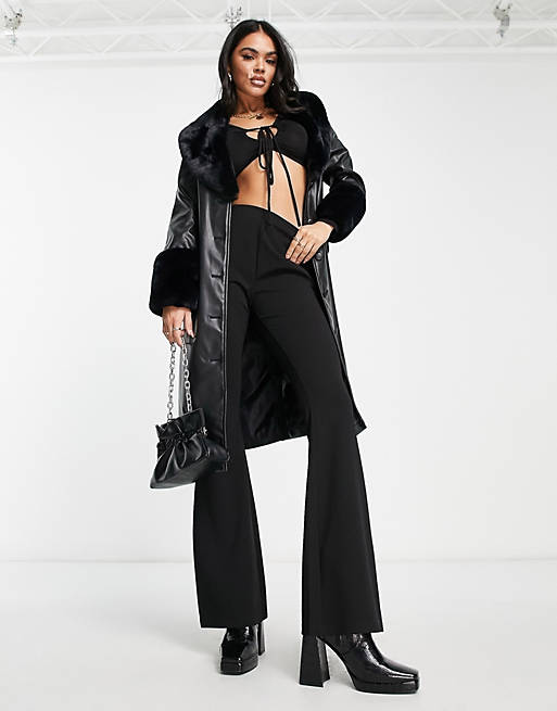 QED London faux leather longline coat with faux fur collar and cuffs in black 