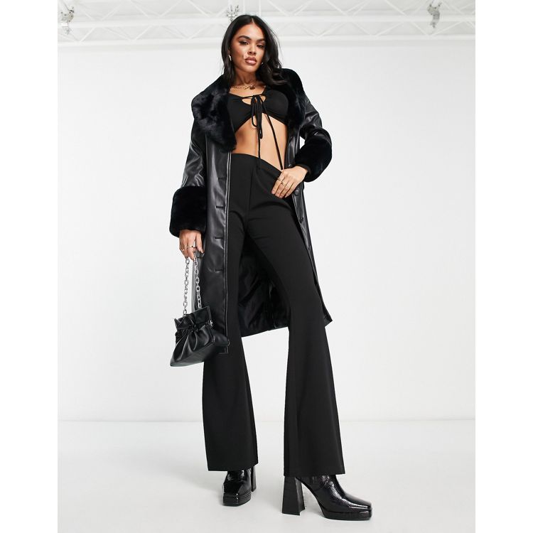 QED London faux leather longline coat with faux fur collar and cuffs in  black