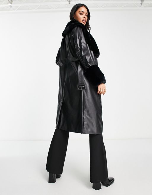 QED London faux leather longline coat with faux fur collar and