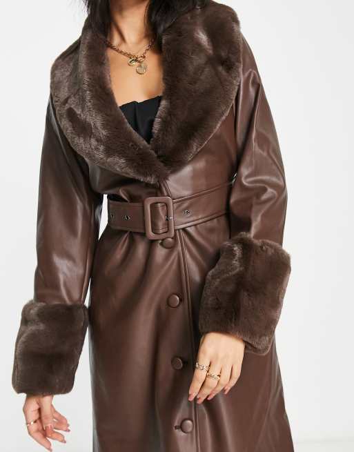 QED London faux leather longline coat with faux fur collar and