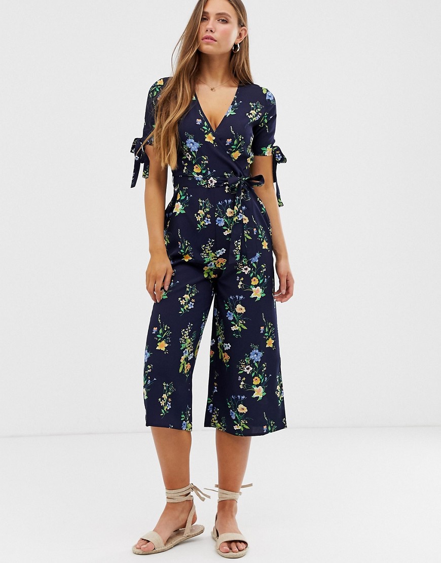 QED London floral wrap front jumpsuit with tie sleeve detail-Navy