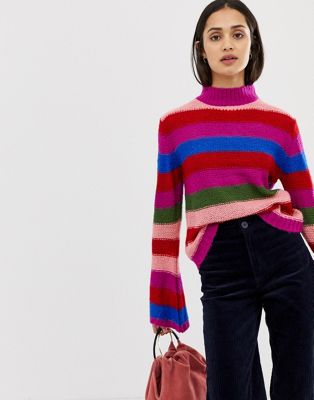 QED London fluffy striped flared sleeve high neck jumper | ASOS